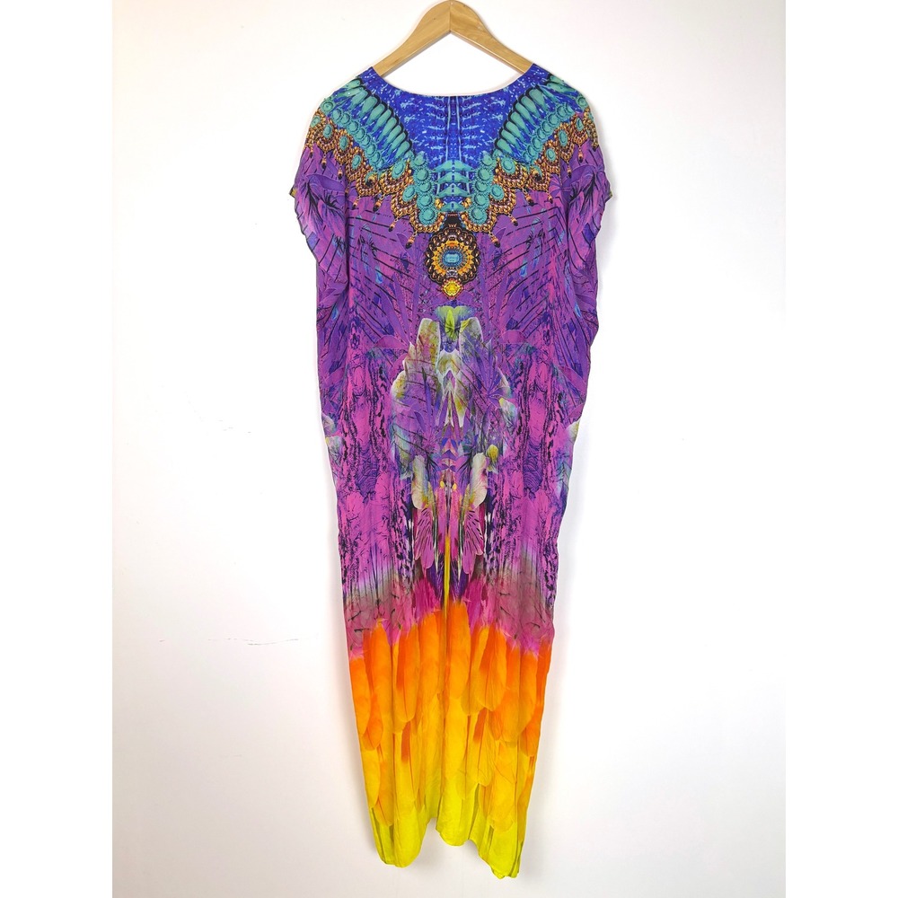 Bohemian Print Kaftan Maxi Dress Purple Yellow Lace Up V-Neck Size S/M - Picture 6 of 12